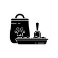 Cutout silhouette Cat litter toilet or dog food. Tray, stuck scoop, packaging with paw print. Black illustration for pet products