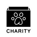 Cutout silhouette charity icon. Rectangular box with paw print. Help animals, pets, wildlife concept. Outline logo or poster.