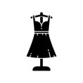 Cutout silhouette of dress on floor hanger. Outline icon of atelier. Black simple illustration of tailoring, clothes storage.