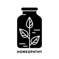 Cutout silhouette Homeopath logo. Outline bottle with plant inside icon. Black simple illustration. Flat isolated vector image on Royalty Free Stock Photo