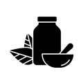 Cutout silhouette of Jar, pills, two leaves on back, mortar with Pestle. Outline Homeopathy icon. Black illustration of crushed