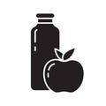 Cutout silhouette juice bottle with apple or peach icon. Outline template for fruit drink. Black and white simple illustration. Royalty Free Stock Photo