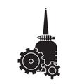 Cutout silhouette Oiler with two cogwheels in foreground. Outline icon of motor lubricating oil. Black illustration. Flat isolated