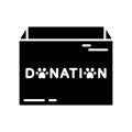 Cutout silhouette Open cardboard box or container with donation text. Charity for animals, pets, wildlife. Black outline icon for
