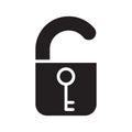 Cutout silhouette Open lock with key icon. Outline unlock logo. Black simple illustration. Flat isolated vector image on white Royalty Free Stock Photo