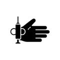 Cutout silhouette of people microchipping icon. Outline black logo of hand, syringe, chip implant. Human palm with microchip under