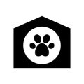 Cutout silhouette Pet house with roof, round entrance, paw print icon. Outline logo for pet shelter. Black illustration. Flat Royalty Free Stock Photo