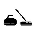 Cutout silhouette Set of curling stone and broom. Outline icon of sport equipment. Black simple illustration. Flat isolated vector Royalty Free Stock Photo