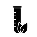 Cutout silhouette Test tube with leaves in foreground. Outline logo of eco lab. Black simple illustration of medical analysis for