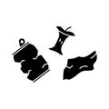 Cutout silhouette of Trash set. Apple core, crushed metal can, paper. Outline icon of types of garbage. Black simple illustration