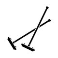 Cutout silhouette Two crossed brushes. Outline icon of long stick with rectangular header. Black illustration of mops, mopping.