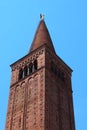 Cutout of the tower of the Cathedral of Piacenza with the golden statue of Mary the Virgin