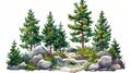 Cutout trees on white background. Forestscape with trees and bushes among the rocks. Tree line landscape summer. Royalty Free Stock Photo