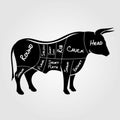 Cuts of Beef. Butchery diagram on bull silhouette Royalty Free Stock Photo