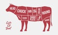 Cuts of Beef. Meat cuts. Cow silhouette isolated on white background. Vintage poster for meat, butcher shop.