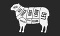 Cuts of Lamb. Meat cuts. Sheep silhouette isolated on black background. Vintage Poster for butcher shop. Retro diagram. Vector ill