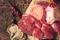 Cuts of raw steak premium on rustic wooden table. Fresh and raw meat. Raw meat mixture. Raw beef steaks on wooden table