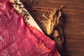 Cuts of raw steak premium on rustic wooden table. Fresh and raw meat. Raw meat mixture. Raw beef steaks on wooden table