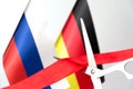 Cuts red silk ribbon russia germany flag