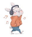 Cutte cartoon bunny walking and listening music