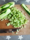 Cutted cucumbers on board for salad fresh recipy Royalty Free Stock Photo