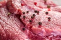 fresh boneless raw pork meat with salt and pepper like background, close up