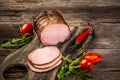Cutted Ham Sausage on wooden background. cold meats Royalty Free Stock Photo