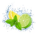 Cutted lime and lemon with mint in water splashes isolated on white background Royalty Free Stock Photo