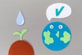 Cutted out of felt the planet Earth with emoticon and soil with a watered plant sprout. Gray background. Flat lay. Earth Day