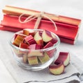 Cutted rhubarb in a glass dish, square