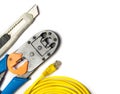 Cutter, crimper, yellow patch cord and connectors