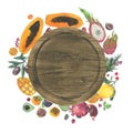 Cuttin board with fruits. Wood. Hand painted watercolor. Handmade design elements isolated