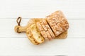 Cutting bead top view. Loaf of bread on bakery table