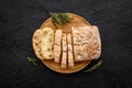 Cutting bead top view. Loaf of bread on bakery table