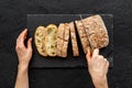 Cutting bead top view. Loaf of bread on bakery table