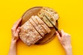 Cutting bead top view. Loaf of bread on bakery table