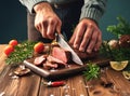 a man cuts beef using sharp knife on a wooden table, prepare for grilling. Ai Image generated