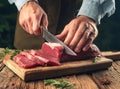 a man cuts beef on a wooden table, Ai Image generated