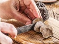 Cutting of black truffle. Royalty Free Stock Photo