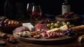 A cutting board with charcuterie. Spanish cured meat, jamon, lomo, chorizo, salchichon. Along with cheese and wine