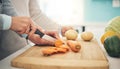 Cutting board, closeup or couple hands cook vegetables in a kitchen for healthy, vitamins and nutrition diet in a home