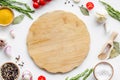Cutting board in frame of food for chef work on white background top view space for text Royalty Free Stock Photo
