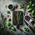 A cutting board with herbs and spices Royalty Free Stock Photo