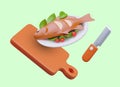 Cutting board, knife, served fish dish. Seafood recipe