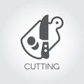 Cutting board, knife and slices of vegetable or other ingredient for cooking. Chef and kitchen symbol in flat design