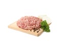 Cutting board with minced meat and spices isolated on background