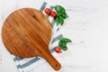 .Cutting board for pizza. Traditional italian pizza board. Pizza top view. Great composition for yuor own pizza with copy space. Royalty Free Stock Photo