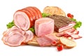 Cutting board with pork, bacon, ham and bread Royalty Free Stock Photo