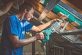 Cutting a board with reciprocating saw Royalty Free Stock Photo