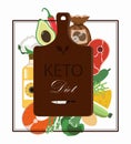 Cutting Board and a set of products for the keto diet. Flat illustration with fat healthy foods for ketosis. Salmon